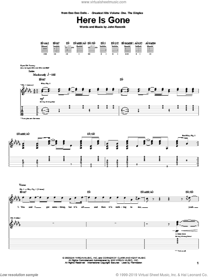 Here Is Gone sheet music for guitar (tablature) by Goo Goo Dolls and John Rzeznik, intermediate skill level