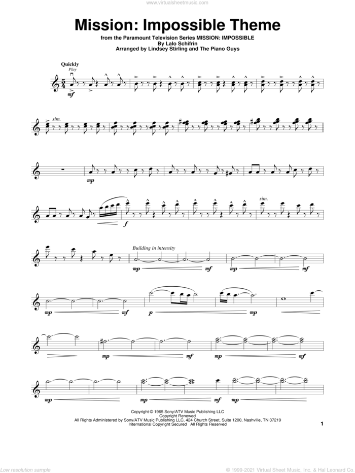Mission: Impossible Theme sheet music for violin solo by Lindsey Stirling, Adam Clayton and Larry Mullen and Lalo Schifrin, intermediate skill level