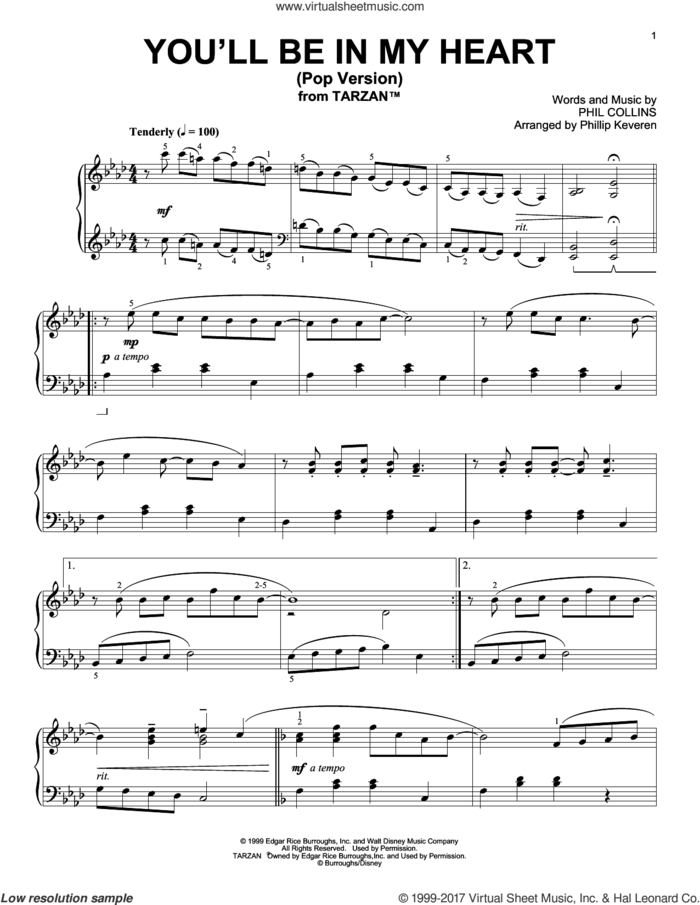 You'll Be In My Heart [Ragtime version] (from Tarzan) (arr. Phillip Keveren) sheet music for piano solo by Phil Collins and Phillip Keveren, intermediate skill level