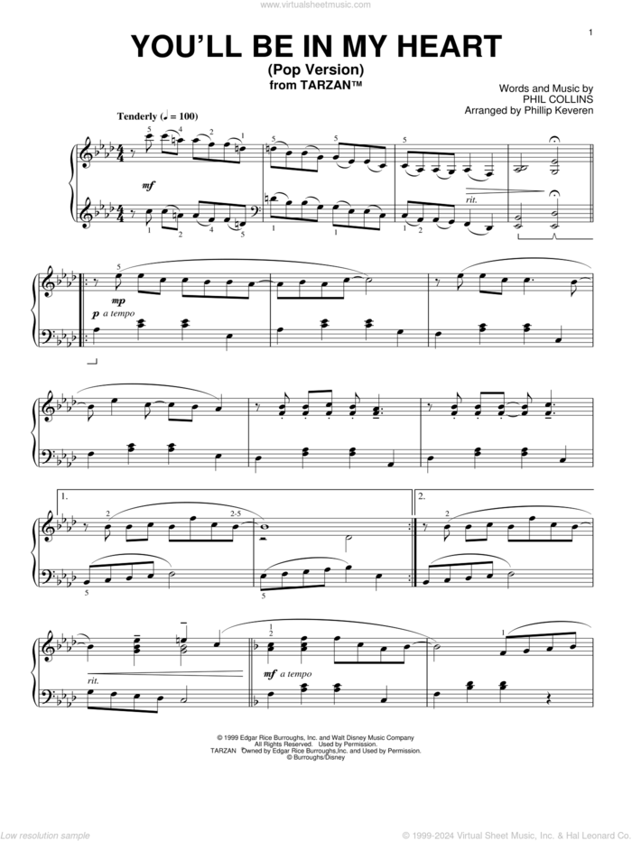 You'll Be In My Heart [Ragtime version] (from Tarzan) (arr. Phillip Keveren) sheet music for piano solo by Phil Collins and Phillip Keveren, intermediate skill level