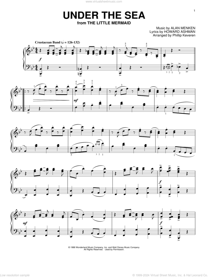 Under The Sea [Ragtime version] (from The Little Mermaid) (arr. Phillip Keveren) sheet music for piano solo by Alan Menken, Phillip Keveren and Howard Ashman, intermediate skill level