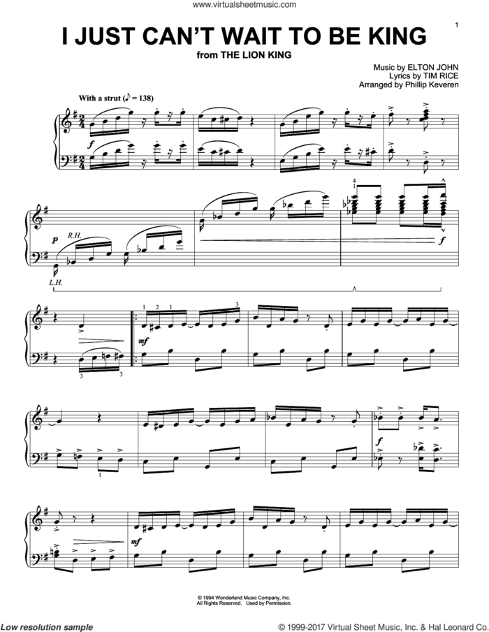 I Just Can't Wait To Be King [Ragtime version] (from The Lion King) (arr. Phillip Keveren) sheet music for piano solo by Elton John, Phillip Keveren and Tim Rice, intermediate skill level