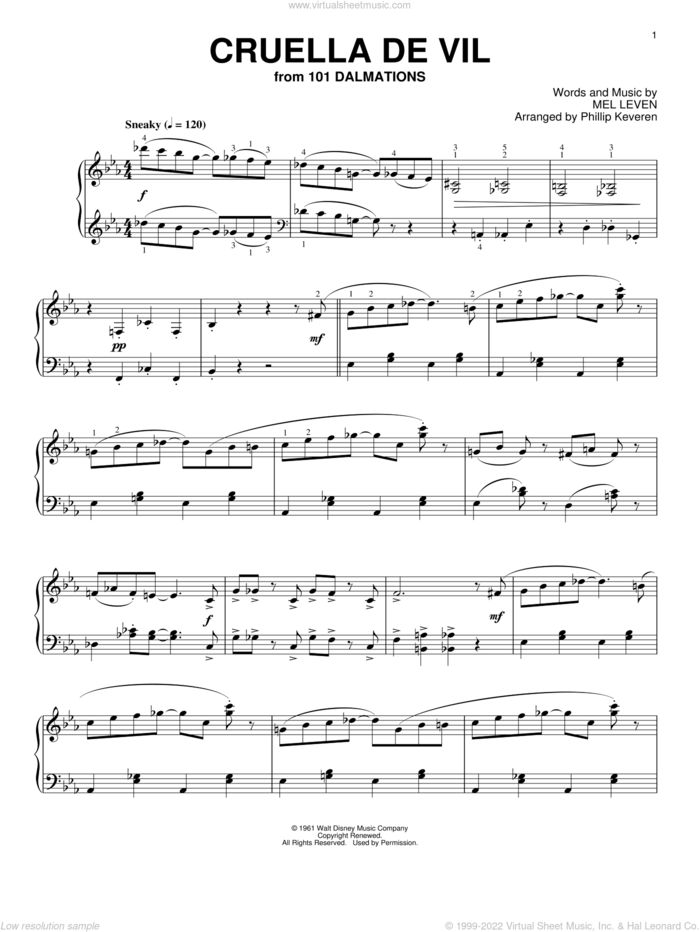 Cruella De Vil [Ragtime version] (from 101 Dalmations) (arr. Phillip Keveren) sheet music for piano solo by Mel Leven and Phillip Keveren, intermediate skill level
