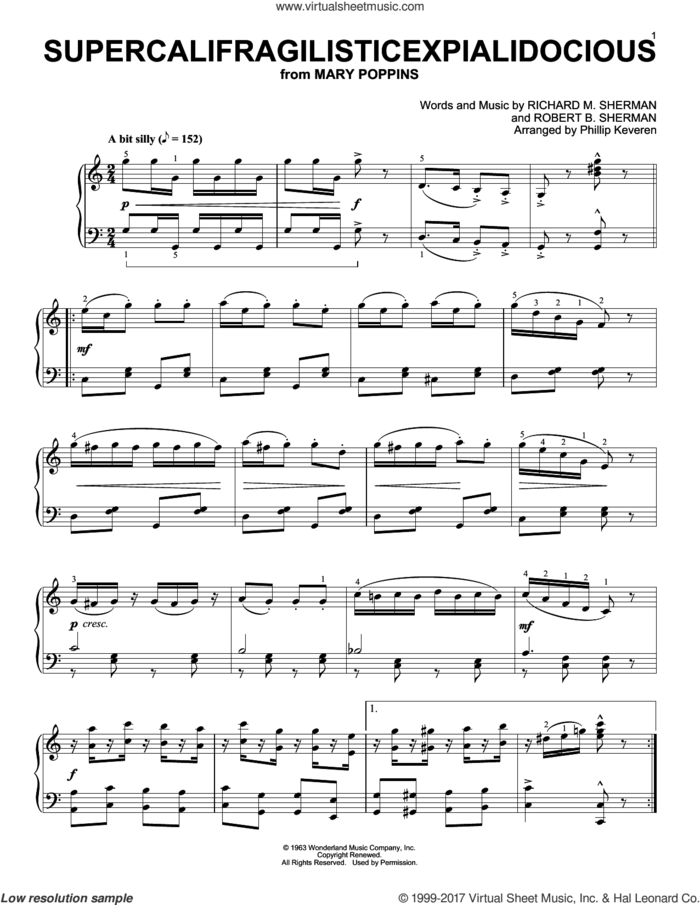 Supercalifragilisticexpialidocious [Ragtime version] (from Mary Poppins) (arr. Phillip Keveren) sheet music for piano solo by Richard M. Sherman, Phillip Keveren, Julie Andrews, Robert B. Sherman and Sherman Brothers, intermediate skill level