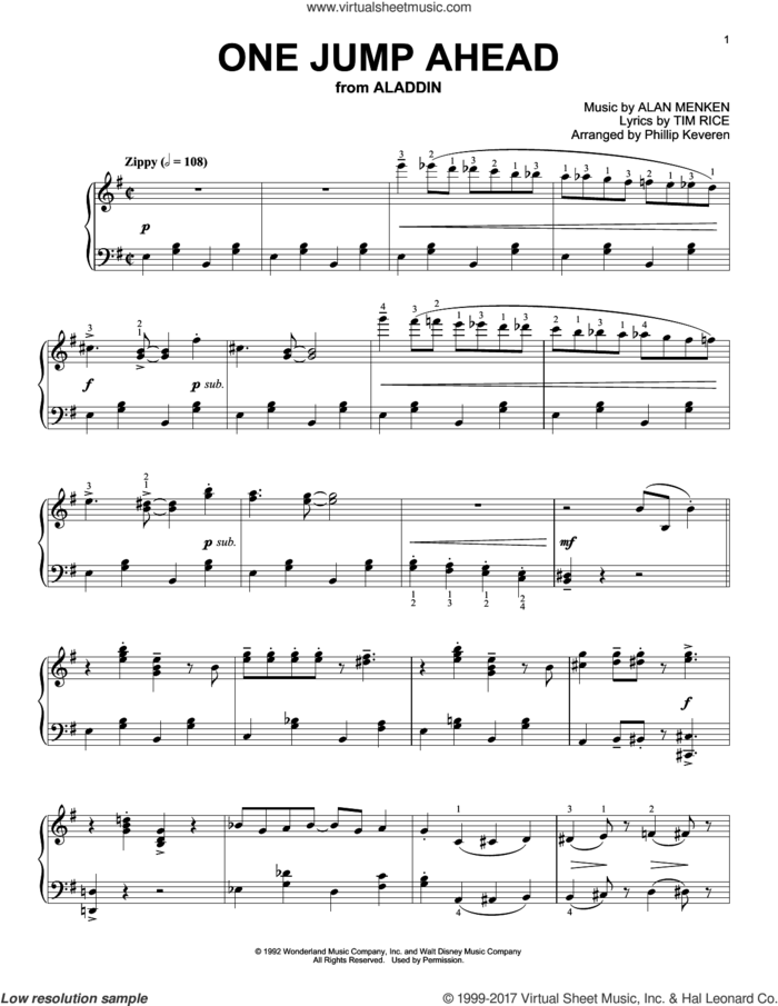 One Jump Ahead [Ragtime version] (from Aladdin) (arr. Phillip Keveren) sheet music for piano solo by Alan Menken, Phillip Keveren and Tim Rice, intermediate skill level