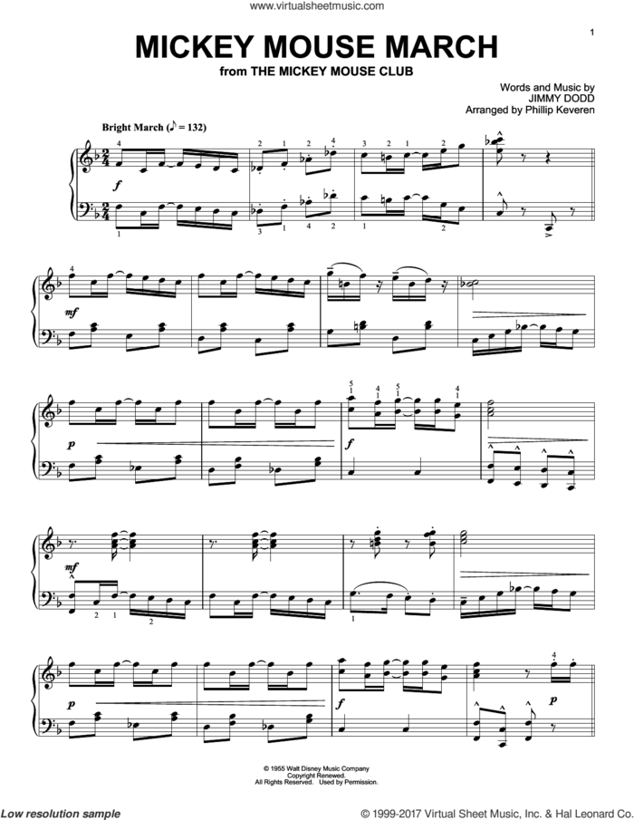 Mickey Mouse March [Ragtime version] (arr. Phillip Keveren) sheet music for piano solo by Jimmie Dodd and Phillip Keveren, intermediate skill level