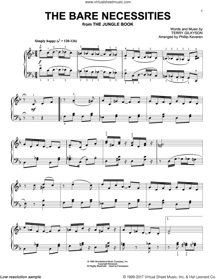 The Bare Necessities [Ragtime version] (from The Jungle Book) (arr. Phillip Keveren) sheet music for piano solo by Terry Gilkyson and Phillip Keveren, intermediate skill level