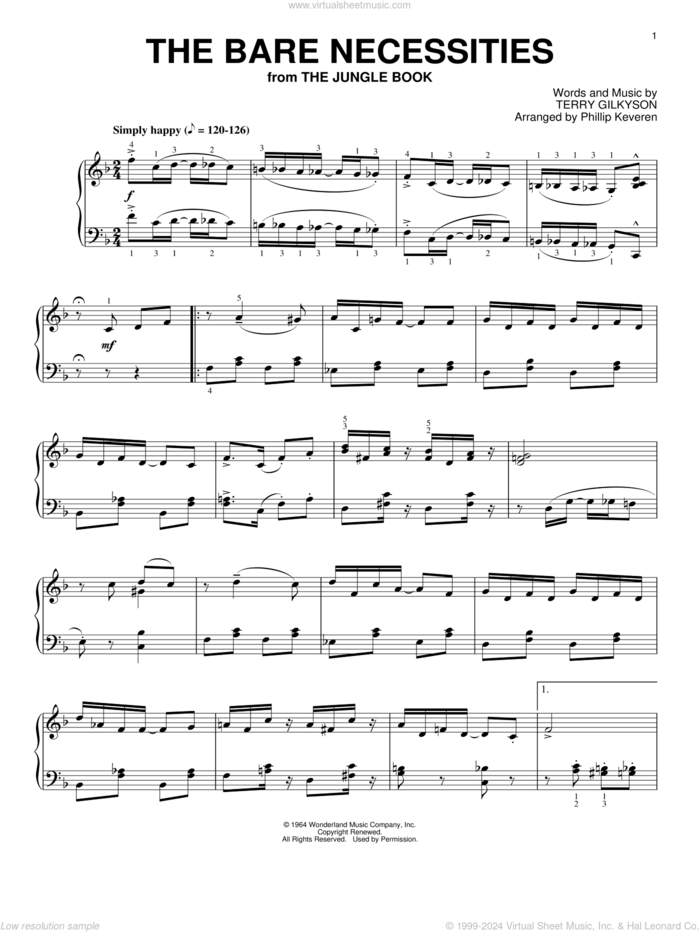 The Bare Necessities [Ragtime version] (from The Jungle Book) (arr. Phillip Keveren) sheet music for piano solo by Terry Gilkyson and Phillip Keveren, intermediate skill level