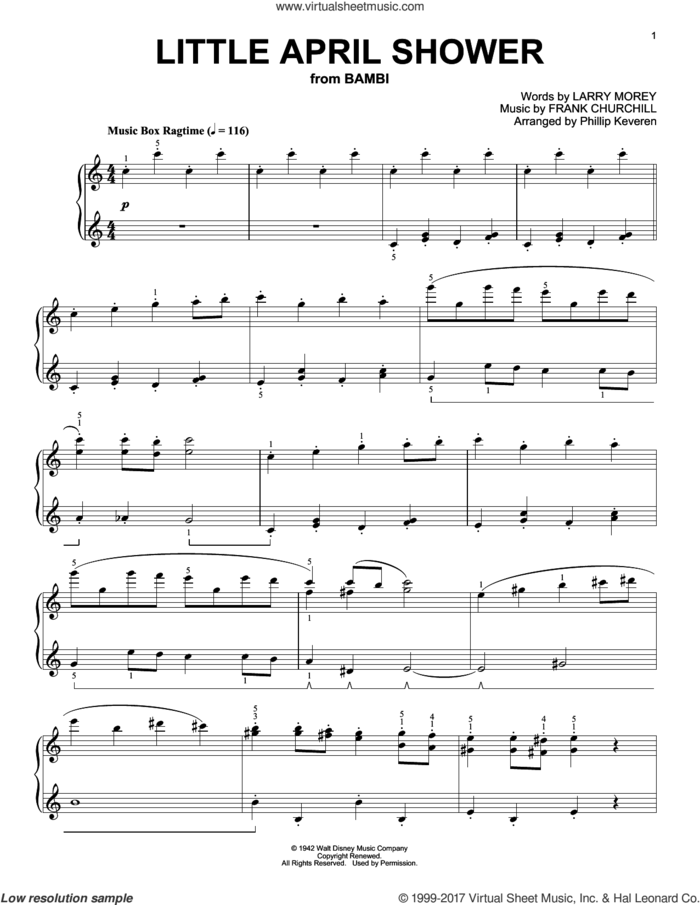 Little April Shower [Ragtime version] (arr. Phillip Keveren) sheet music for piano solo by Frank Churchill, Phillip Keveren and Larry Morey, intermediate skill level