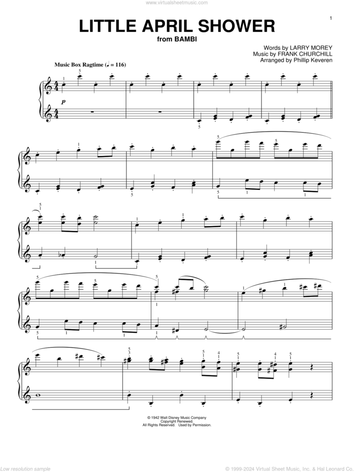 Little April Shower [Ragtime version] (arr. Phillip Keveren) sheet music for piano solo by Frank Churchill, Phillip Keveren and Larry Morey, intermediate skill level