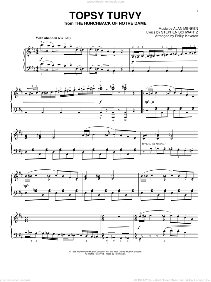 Topsy Turvy [Ragtime version] (arr. Phillip Keveren) sheet music for piano solo by Alan Menken, Phillip Keveren and Stephen Schwartz, intermediate skill level