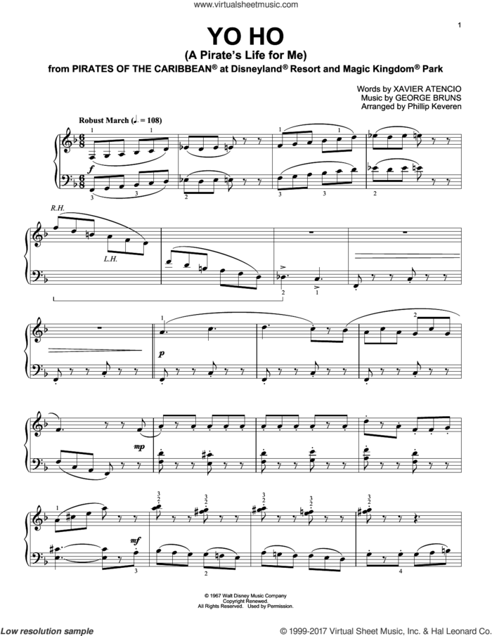 Yo Ho (A Pirate's Life For Me) [Ragtime version] (arr. Phillip Keveren) sheet music for piano solo by George Bruns, Phillip Keveren and Xavier Atencio, intermediate skill level