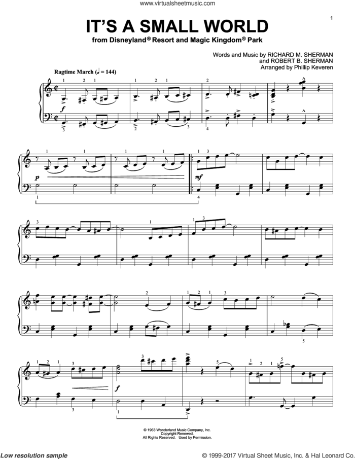 It's A Small World [Ragtime version] (arr. Phillip Keveren) sheet music for piano solo by Richard M. Sherman, Phillip Keveren, Robert B. Sherman and Sherman Brothers, intermediate skill level