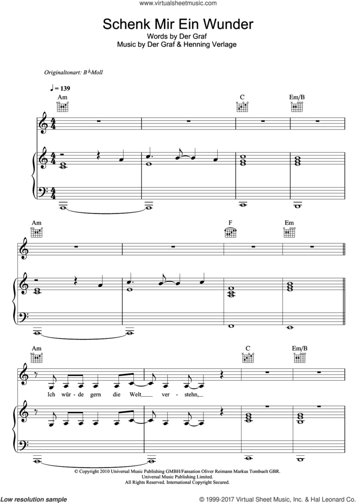 Schenk Mir Ein Wunder sheet music for voice, piano or guitar by Unheilig, Der Graf and Henning Verlage, intermediate skill level