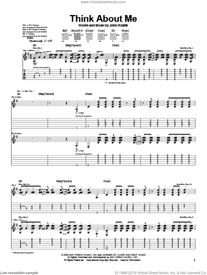 Think About Me sheet music for guitar (tablature) by Goo Goo Dolls and John Rzeznik, intermediate skill level