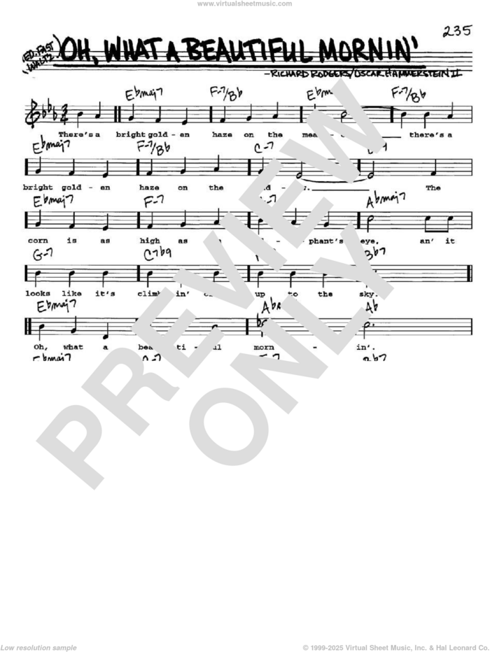 Oh, What A Beautiful Mornin' (from Oklahoma!) sheet music for voice and other instruments  by Rodgers & Hammerstein, Oklahoma! (Musical), Oscar II Hammerstein and Richard Rodgers, intermediate skill level