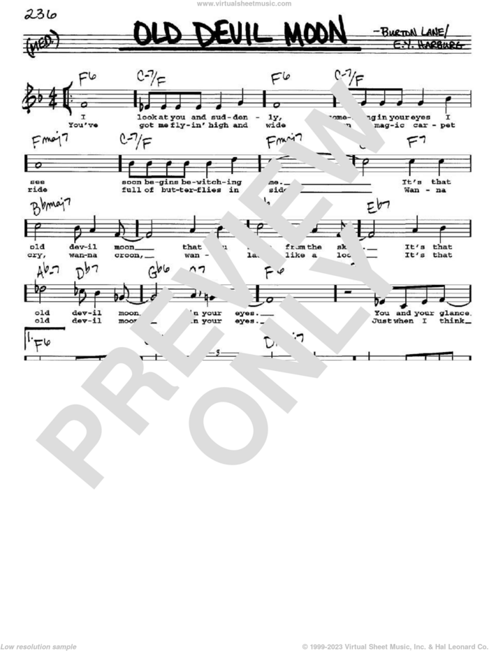 Old Devil Moon sheet music for voice and other instruments  by E.Y. Harburg and Burton Lane, intermediate skill level