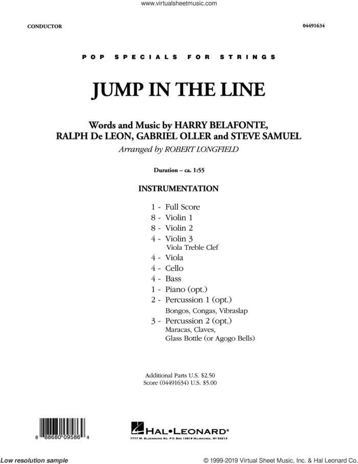 Jump in the Line (COMPLETE) sheet music for orchestra by Robert Longfield, Gabriel Oller, Harry Belafonte, Jeff Simmons, Ralph De Leon, Steve Primatic and Steve Samuel, intermediate skill level