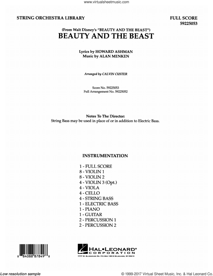 Beauty and the Beast (arr. Calvin Custer) (COMPLETE) sheet music for orchestra by Alan Menken, Alan Menken & Howard Ashman, Calvin Custer, Howard Ashman and Celine Dion & Peabo Bryson, intermediate skill level