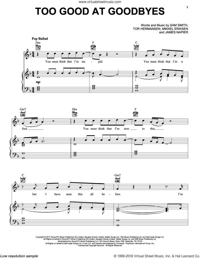 Too Good At Goodbyes sheet music for voice, piano or guitar by Sam Smith, James Napier, Mikkel Eriksen and Tor Erik Hermansen, intermediate skill level