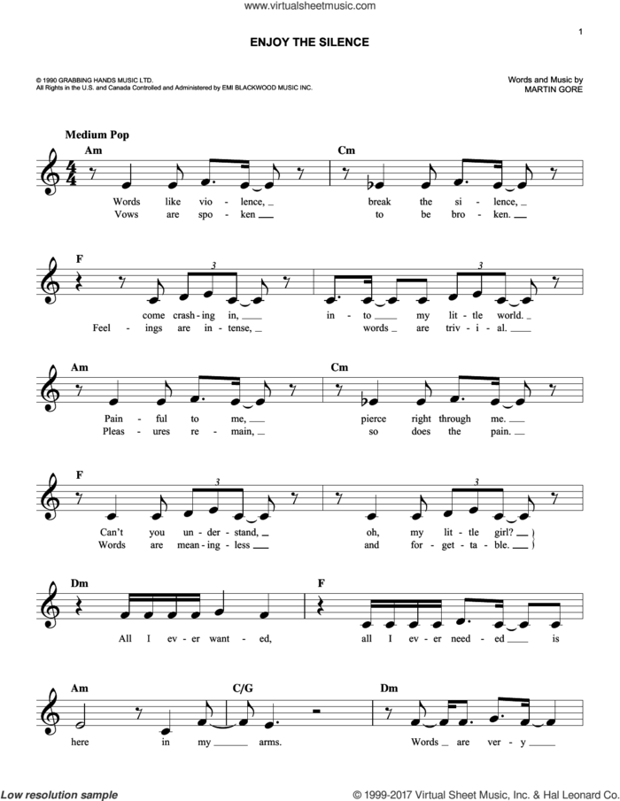 Enjoy The Silence sheet music for voice and other instruments (fake book) by Depeche Mode, Lacuna Coil and Martin Gore, easy skill level