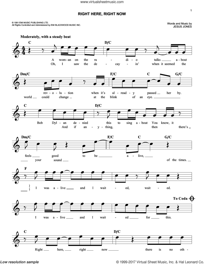 Right Here, Right Now sheet music for voice and other instruments (fake book) by Jesus Jones, easy skill level