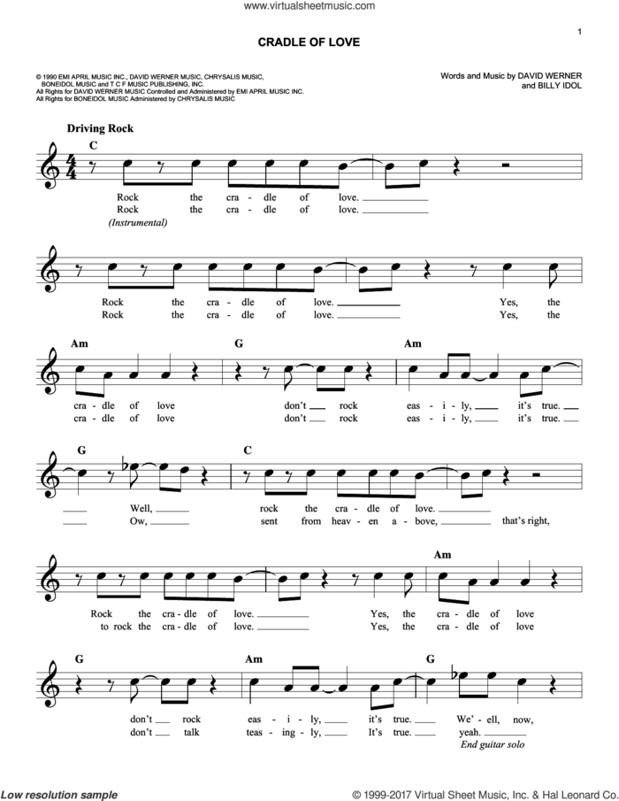 Cradle Of Love sheet music for voice and other instruments (fake book) by Billy Idol and David Werner, intermediate skill level