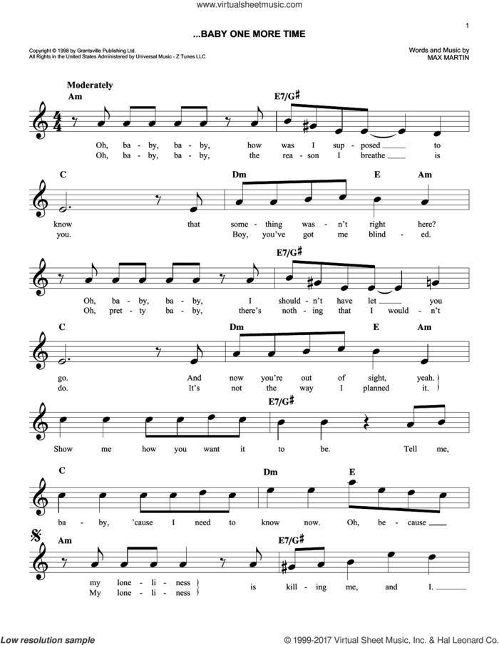 ...Baby One More Time sheet music for voice and other instruments (fake book) by Britney Spears and Max Martin, easy skill level