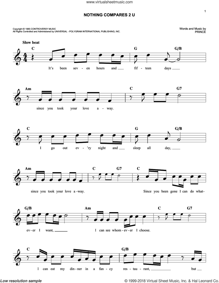 Nothing Compares 2 U sheet music for voice and other instruments (fake book) by Sinead O'Connor and Prince, easy skill level