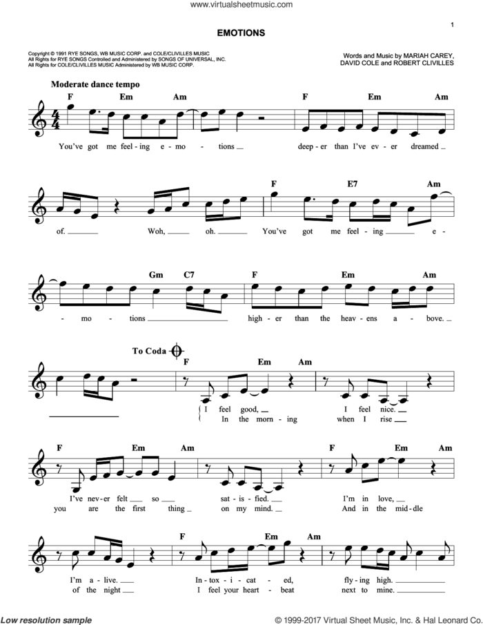 Emotions sheet music for voice and other instruments (fake book) by Mariah Carey, David Cole and Robert Clivilles, easy skill level