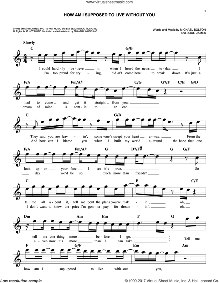 How Am I Supposed To Live Without You sheet music for voice and other instruments (fake book) by Michael Bolton and Doug James, easy skill level