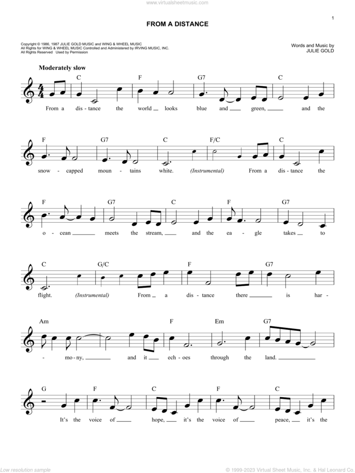 From A Distance sheet music for voice and other instruments (fake book) by Bette Midler and Julie Gold, easy skill level