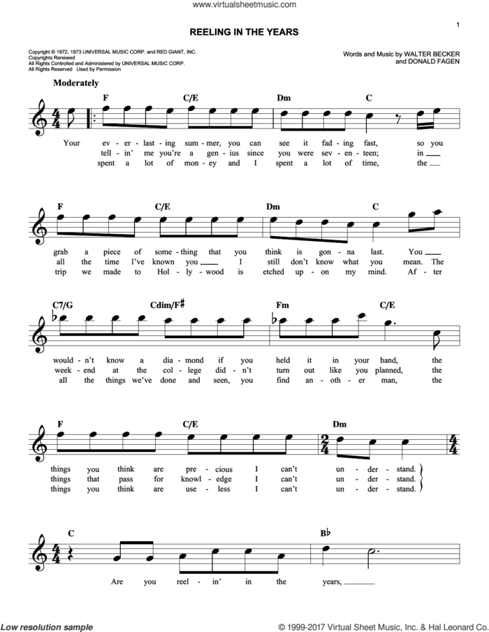 Reeling In The Years sheet music for voice and other instruments (fake book) by Steely Dan, Donald Fagen and Walter Becker, intermediate skill level