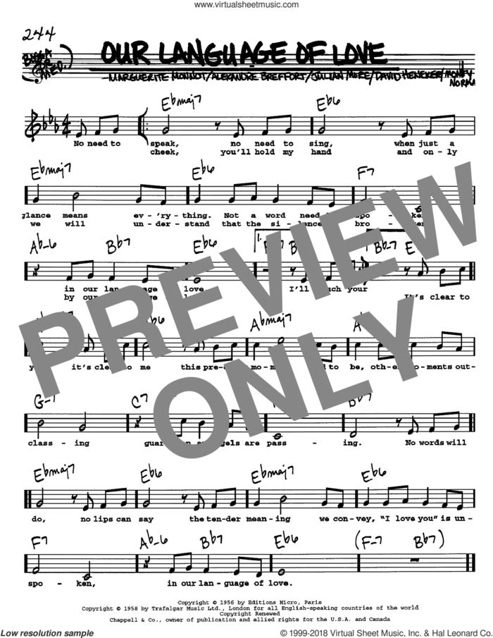 Our Language Of Love sheet music for voice and other instruments  by Alexandre Breffort, David Heneker, Julian More, Marguerite Monnot and Monty Norman, intermediate skill level
