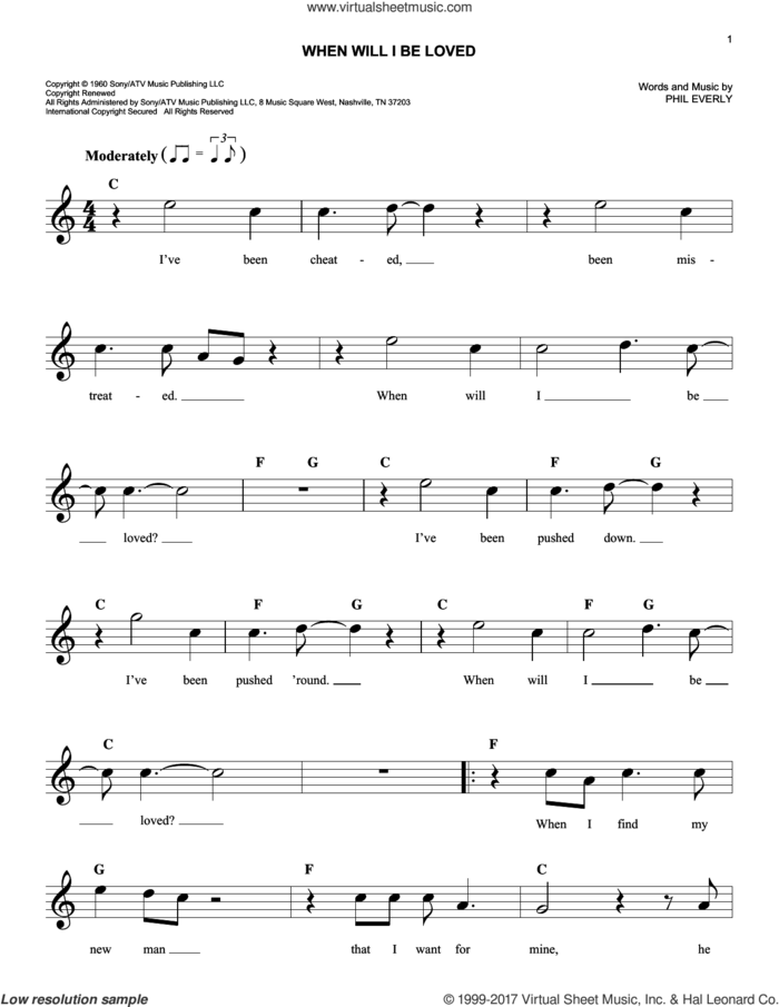 When Will I Be Loved sheet music for voice and other instruments (fake book) by Linda Ronstadt and Phil Everly, easy skill level