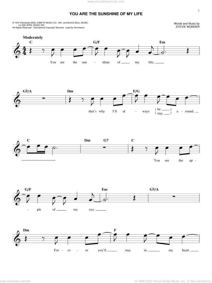 You Are The Sunshine Of My Life sheet music for voice and other instruments (fake book) by Stevie Wonder, easy skill level
