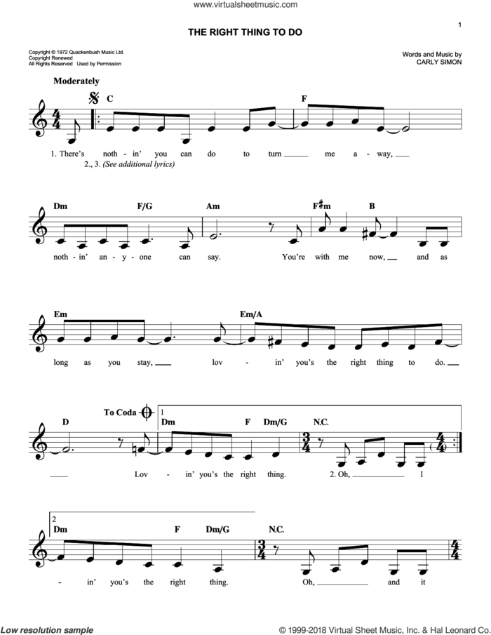 The Right Thing To Do sheet music for voice and other instruments (fake book) by Carly Simon, easy skill level