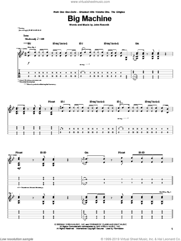 Big Machine sheet music for guitar (tablature) by Goo Goo Dolls and John Rzeznik, intermediate skill level