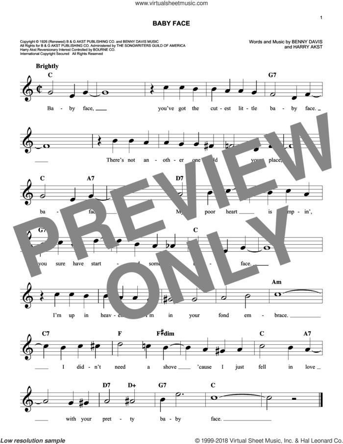 Baby Face sheet music for voice and other instruments (fake book) by Bobby Darin, Benny Davis and Harry Akst, intermediate skill level