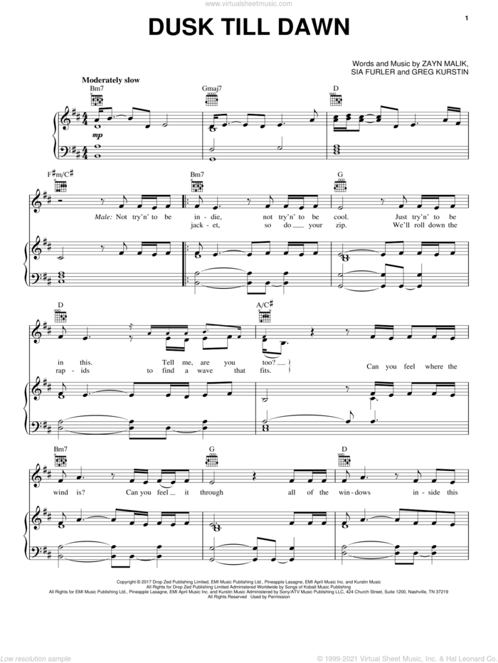 Dusk Till Dawn sheet music for voice, piano or guitar by ZAYN feat. Sia, Greg Kurstin, Sia Furler and Zayn Malik, intermediate skill level
