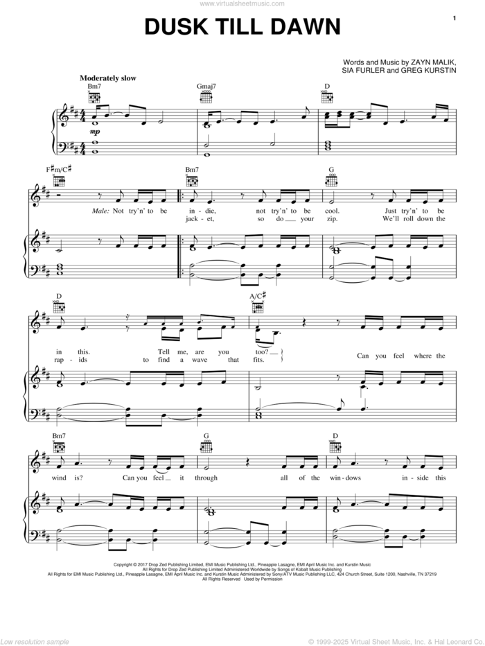 Dusk Till Dawn sheet music for voice, piano or guitar by ZAYN feat. Sia, Greg Kurstin, Sia Furler and Zayn Malik, intermediate skill level