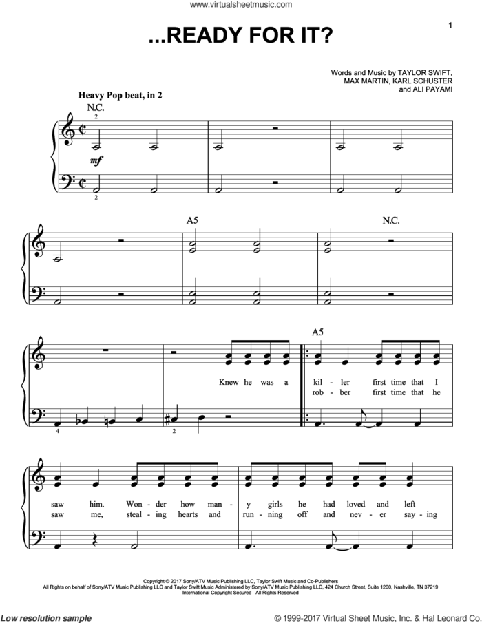 ...Ready For It?, (easy) sheet music for piano solo by Taylor Swift, Aly Payami, Karl Schuster and Max Martin, easy skill level