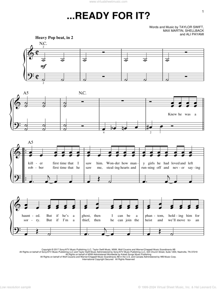 ...Ready For It?, (easy) sheet music for piano solo by Taylor Swift, Aly Payami, Karl Schuster and Max Martin, easy skill level