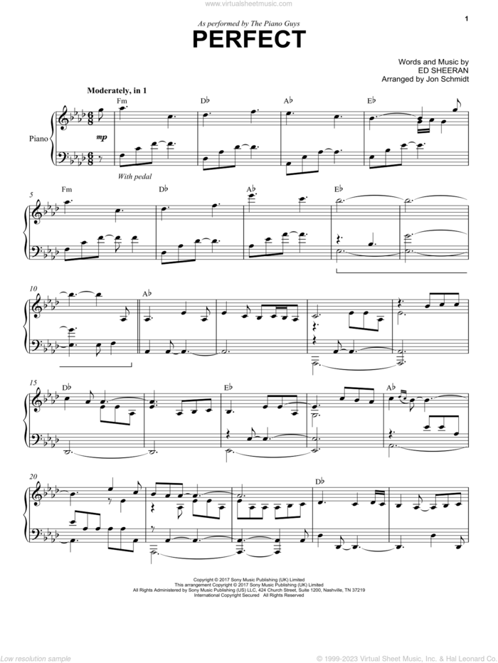 Perfect (arr. Jon Schmidt) sheet music for piano solo by The Piano Guys and Ed Sheeran, intermediate skill level