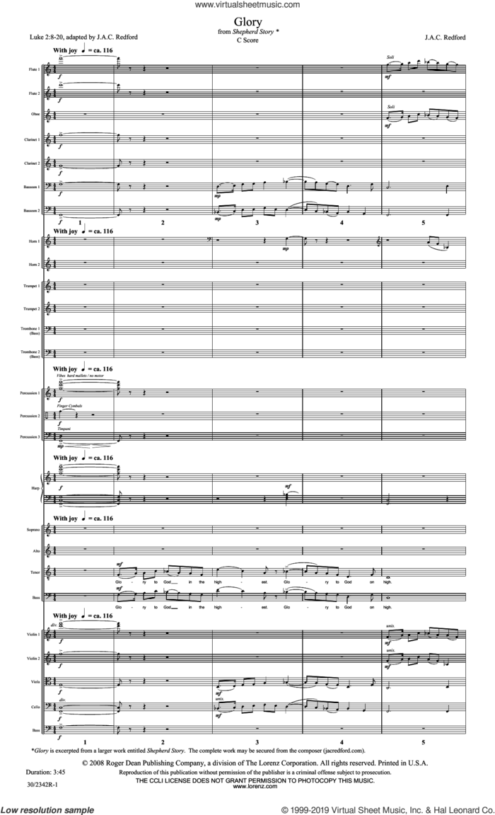 Glory (COMPLETE) sheet music for orchestra/band by Jac Redford and Luke 2:14-18, 20, intermediate skill level