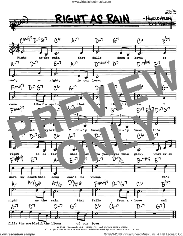 Right As Rain sheet music for voice and other instruments  by Harold Arlen and E.Y. Harburg, intermediate skill level