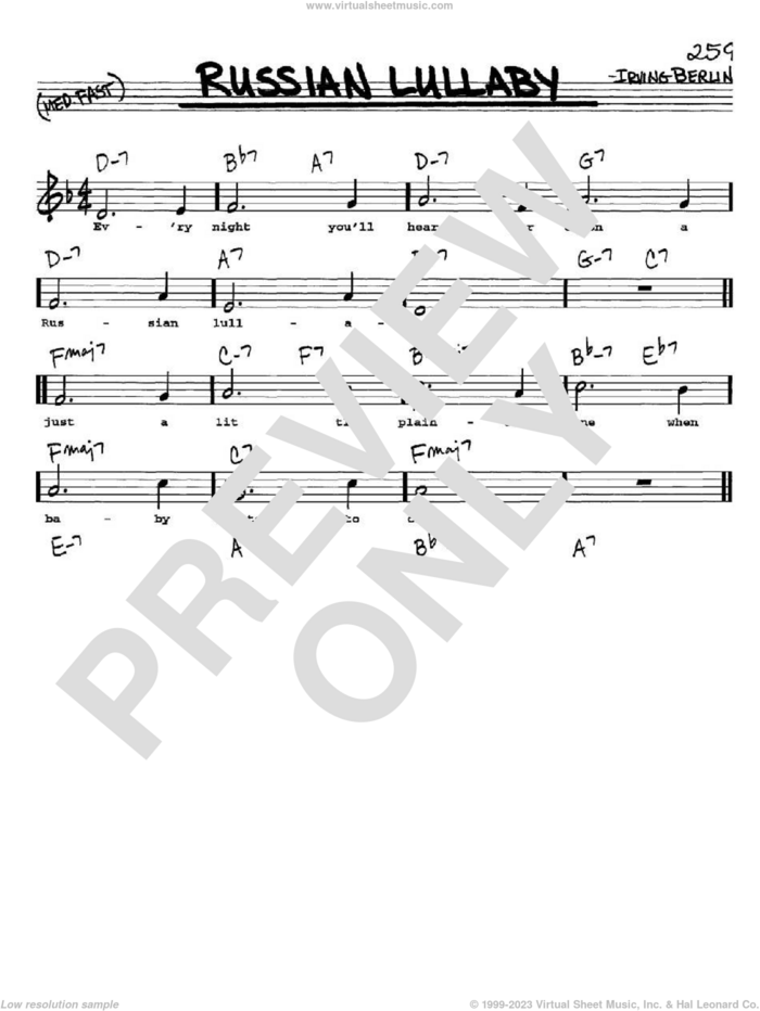 Russian Lullaby sheet music for voice and other instruments  by Irving Berlin, intermediate skill level