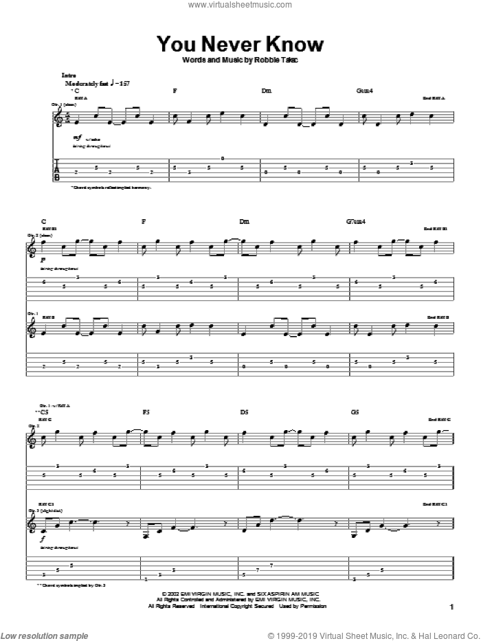 You Never Know sheet music for guitar (tablature) by Goo Goo Dolls and Robbie Takac, intermediate skill level