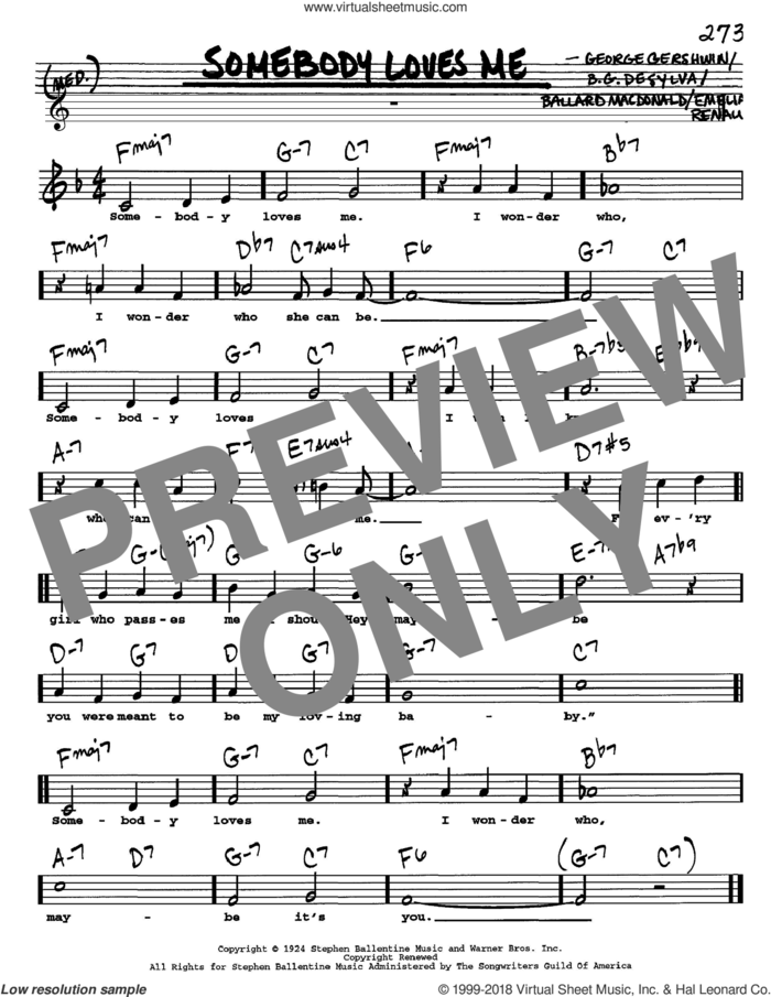 Somebody Loves Me sheet music for voice and other instruments  by George Gershwin, Ballard MacDonald and Buddy DeSylva, intermediate skill level