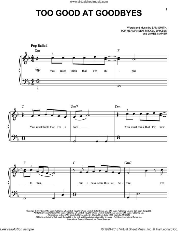 Too Good At Goodbyes, (easy) sheet music for piano solo by Sam Smith, James Napier, Mikkel Eriksen and Tor Erik Hermansen, easy skill level